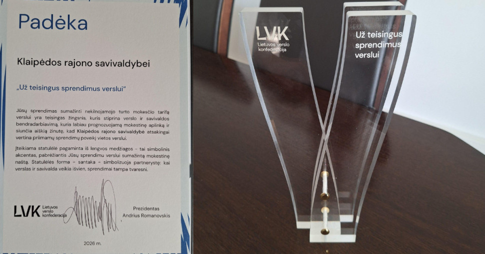 Klaipėdos rajono savivaldybei – Lietuvos verslo konfederacijos padėka